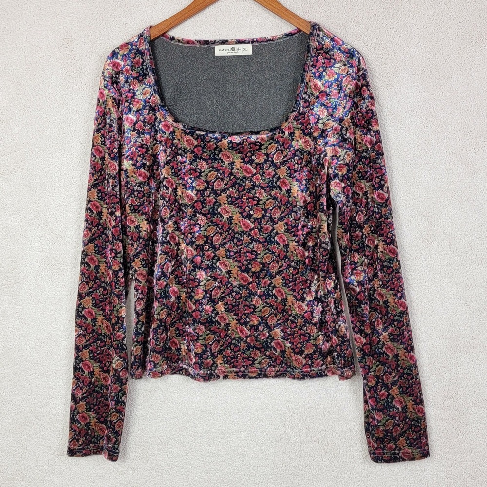 Natural Life Velvet Top Womens XL Blue Floral Excellent Square Neck Long Sleeve - Picture 3 of 7